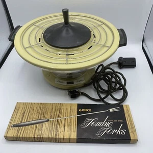 Vintage Sears Pale Yellow Electric Fondue Pot Forks Set Mid Century Works - Picture 1 of 10