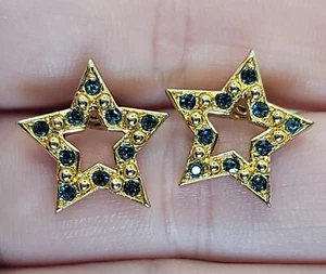 Vtg Avon Gold Tone Sparkle Star. Blue Crystal Rhinestone Pierced Earrings  - Picture 1 of 11