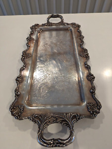 Vintage Silver Large Plated Tray with Handles and Feet