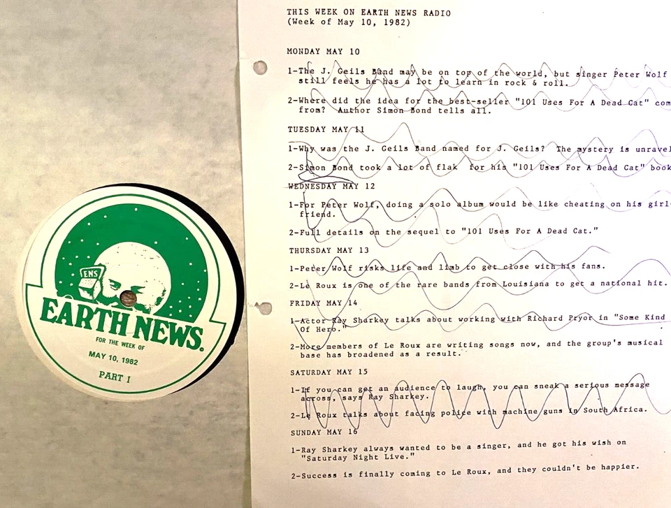 5/10/82  EARTH NEWS EXTENDED INTERVIEWS, LE ROUX,  J. GEILS BAND, RAY SHARKEY - Image 1 of 1