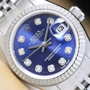 ROLEX LADIES DATEJUST 69174 BLUE DIAMOND DIAL 18K WHITE GOLD STEEL WATCH - Picture 1 of 9
