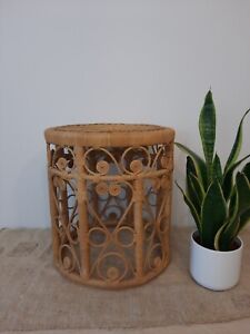 Retro Vntg Boho Peacock Bamboo Rattan Wicker Round Side Table Stool Plant Stand