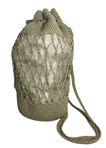 MACRAME CottageCore Hobo Purse Bag Boho Taupe Beige Drawstring Lined - Picture 1 of 9