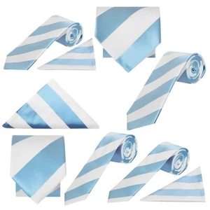 Sky Blue & White Handmade Classic Skinny Mens Boys Football Striped Tie's - Picture 1 of 14