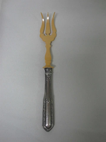 ANTIQUE CELLULOID & STERLING SILVER HANDLE SERVING FORK with HALLMARK 8.5" Cover