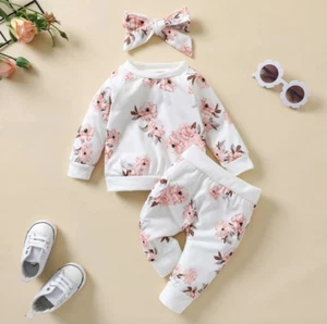 Girls White Floral Print Jogger Set - Picture 1 of 1