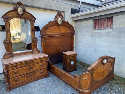 RENAISSANCE 3 PC. WALNUT AND BURL BEDROOM SET WITH PORCELAIN PLAQUES - Image 1 of 4