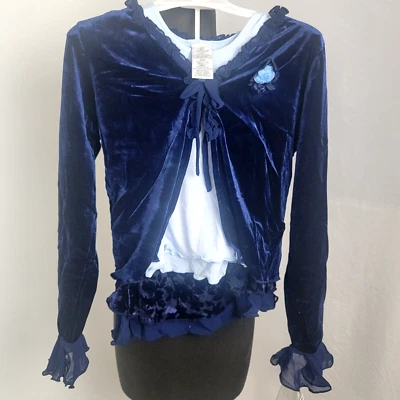 Emily West 3 件套女孩套装蓝色天鹅绒夹克裙背心衬衫全新 L 14 — 第 1/4 张图片