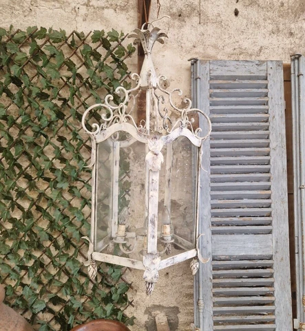 Antique French Lantern 19th century Wrought Iron Painted White Cover