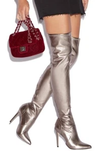 Neysa by SHOEDAZZLE, Gun metallic faux leather, Superhero OTK boots, SZ 8 WC - Picture 1 of 5