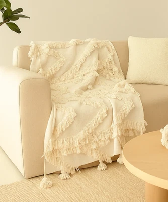 Anthropologie Fringe Bay Tassels Cotton Throw Blanket Sequins Boho Coastal Cream - Image 1 of 4