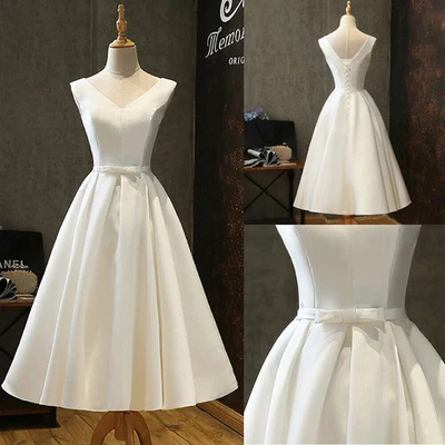 Simple Satin A-Line Wedding Dresses V Neck Sleeveless Ankle Length Bridal Gowns - Image 1 of 4