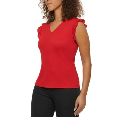 Nueva blusa para mujer Andrew Marc manga corta con volantes color rojo mediana Foto 1 de 4