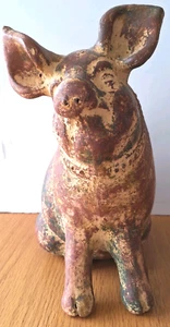 Vintage rustikales Terrakotta Keramik sitzendes Schwein Sparschwein groß 11 Zoll - Bild 1 von 9