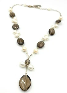 Smoky Topaz Freshwater Pearl Sterling Silver Faceted Beaded Pendant Y Necklace - Picture 1 of 6