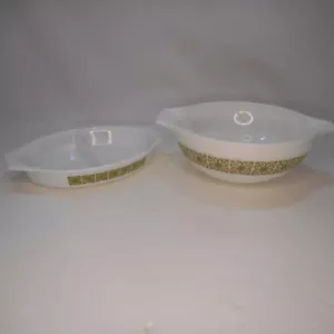 Lote de 2 Pyrex Verde Flores Cuadradas Otoño Cenicienta Cuenco #444 y Plato Dividido - Imagen 1 de 8