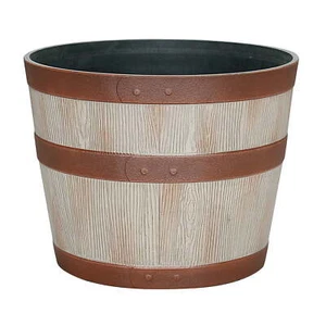 Whiskey Barrel Light Brown Resin Planter, 12.8in x 12.8in x 9.9in - Picture 1 of 8