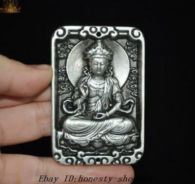 2.6"" Templo Budismo Tibetano Plata Tibetana Guanyin Buda Estatua Colgante Amuleto Foto 1 de 4