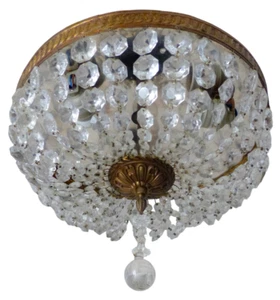 Gorgeous Vintage French Empire Ceiling D: 12" Gilded Brass & Prisms Crystal 50's - Picture 1 of 11