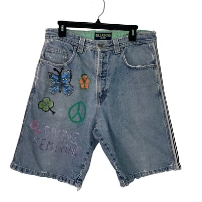 Billabong Shorts Womens Vintage Size 34 Blue Denim Surfer Painted Upcycled Retro - Image 1 of 4