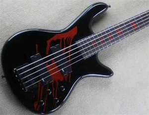 Factory Customized Black 5 Strings Electric Bass Guitar Red Block Inlays - Picture 1 of 10