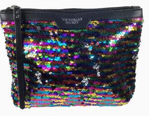 NWOT Victoria Secret Black Multicolor Sequin Faux Leather Travel Make Up Bag