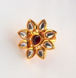 Ethnic Indian Finger Ring Red White Kundan Stone Gold Star Jewelry Free Size - Picture 1 of 2