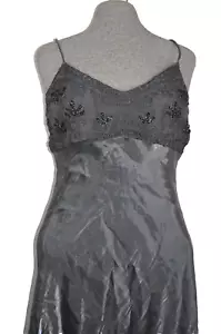 Y2K Beaded Dress Metallic Silver Formal VTG 90s Prom Gown 12 Slip Rhapsody Goth - Picture 1 of 8