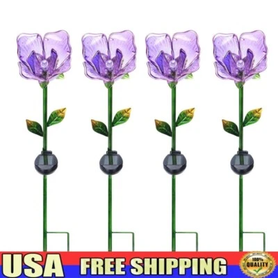 Solar Powered Purple Flower Garden Stake Set of 4 Outdoor Decor Lights New - Image 1 of 4