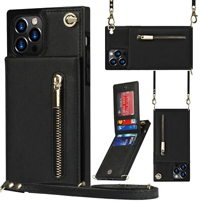 For iPhone XR 11 12 13 14 Pro Max PU Leather Wallet Crossbody Strap Stand Case - Image 1 of 4