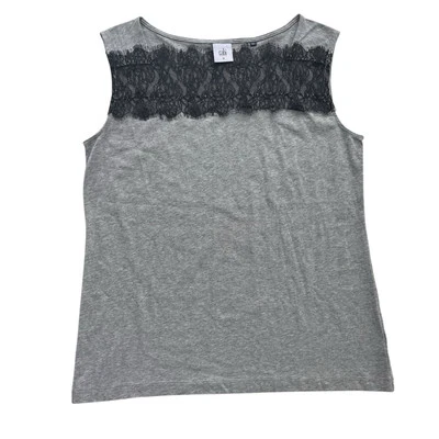 Cabi Women’s Med Heather Gray Black Sheer Lace Lacey Tee Cap Sleeve Blouse #3815 - Image 1 of 4