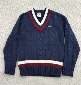 RARE Vintage Izod Lacoste 1980s Chunky Cable Knit Tennis V Neck Sweater Size S - Picture 1 of 6