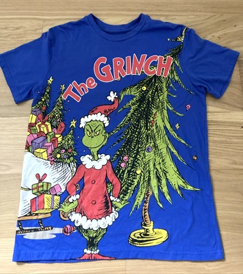 Dr. Seuss The Grinch 短袖 T 恤男式 L 蓝色双图案圣诞节 — 第 1/4 张图片