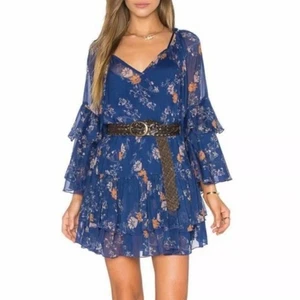 Free People Sunsetter Floral Blue Mini Ruffle Slip Tunic Dress Size XS - Picture 1 of 11