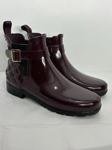 Hunter Chelsea Rubber Boots Women Size 7 Burgundy Ankle Buckle Quilt Texture - Picture 1 of 12