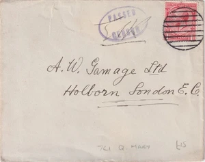 WW1 Royal Navy PASSED CENSOR 8 Bar cancelled Queen Mary Cover to London - Picture 1 of 3