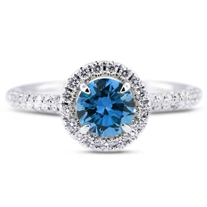 Anello di fidanzamento aureola oro 18 kt diamanti certificati estratti terra tonda SI2 blu 1 ct - Foto 1 di 10