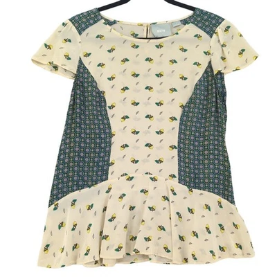 Maeve Top Womens 8 Cream Acorn Silk Boho Whimiscal Retro Sheer Novelty Print - Image 1 of 4