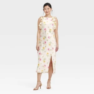 Women's Ruffle Sleeve Satin Maxi Dress - A New Day Cream Floral - Picture 1 of 3