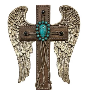 15630 Winged Cross Turquoise, Brown, and White 10 Inch Polyresin Rustic Distr... - Picture 1 of 1