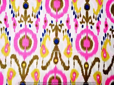 5 Yard Indian Hand Block Ikat Print Pure Cotton Dress Running Fabric Pink White - Image 1 of 4