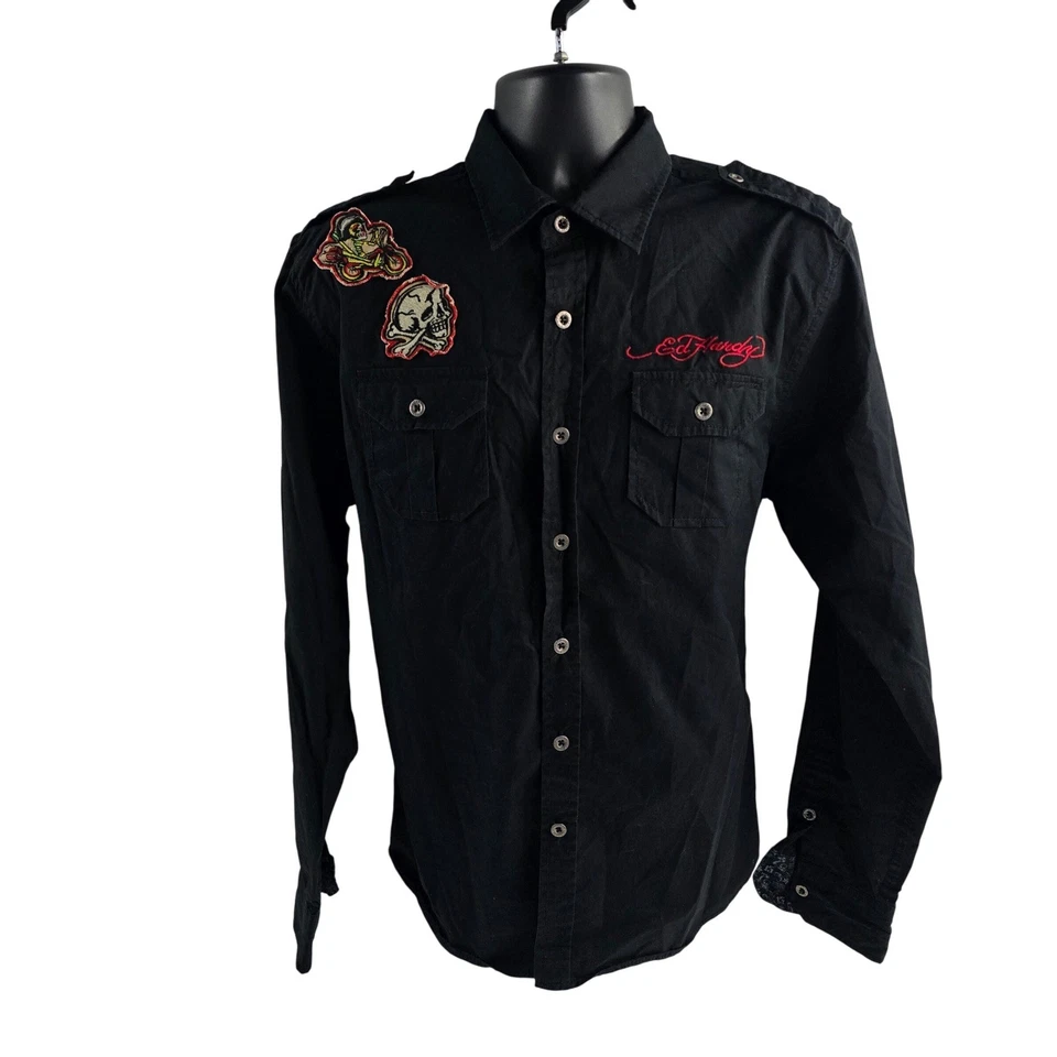 Camisa Ed Hardy Negra Manga Larga Abotonada Bordada Calavera Parches Para Hombres Foto 1 de 4