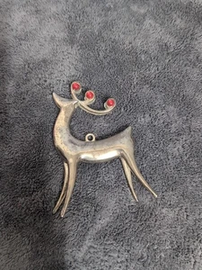 Vintage Silvertone Metal Reindeer Ornament With Red Horn Stones - Picture 1 of 12