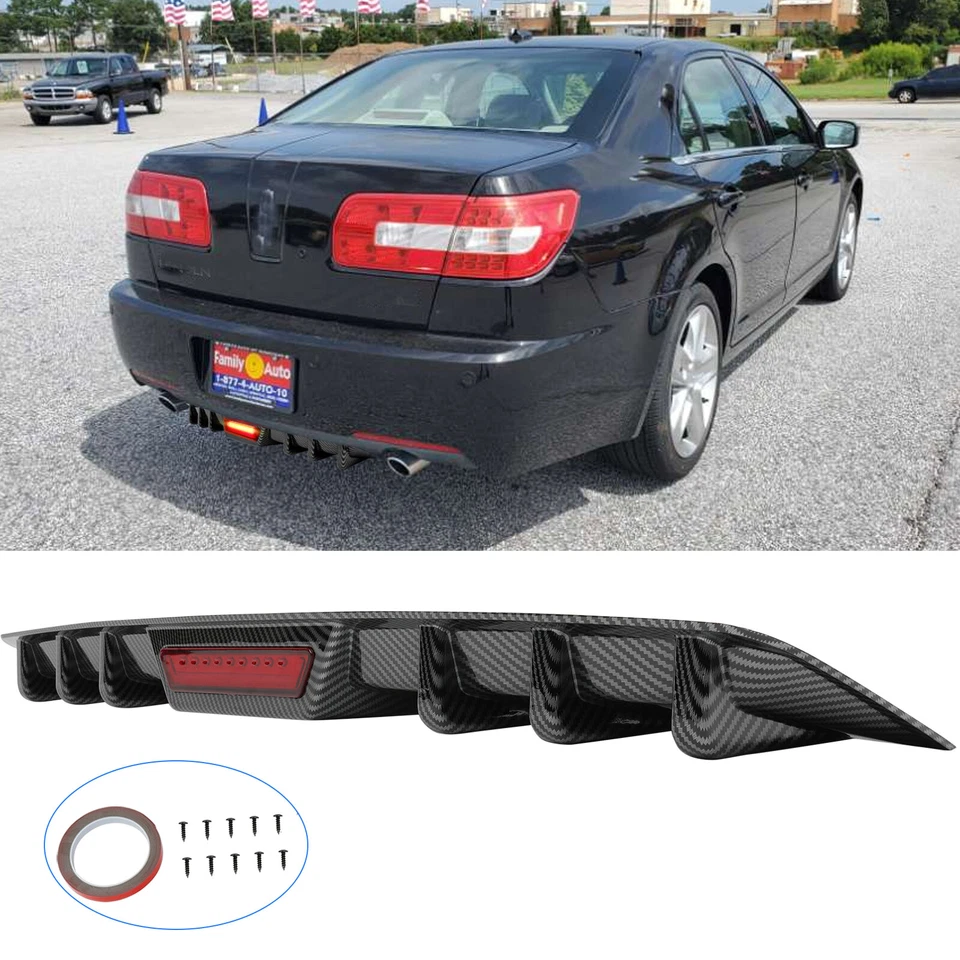 For Lincoln MKZ MKS Carbon Fiber Rear Bumper Diffuser Lip with LED Brake Light - Image 1 of 4
