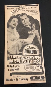 1943 The Amazing Mrs. Holliday Deanna Durbin - Anuncio de teatro de periódico vintage - Imagen 1 de 1