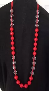 Long Line Red & Crystal Beaded Necklace With Red Ribbon Tie. Adjustable - Picture 1 of 4