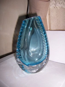 Vintage MCM heavy cut side crystal asymmetrical vase clear and turquoise W.Ger - Picture 1 of 2