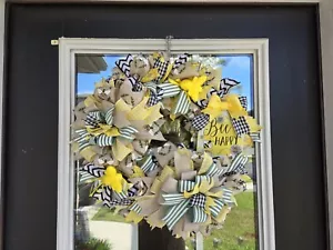 BEE happy WELCOME Spring Summer Fall Front Door Wreath Wall Decor Yellow Green - Picture 1 of 24
