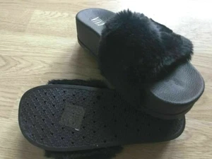 Slippers Slip on Ladies Viva Faux Fur Sliders in Black UK 4 - Picture 1 of 2