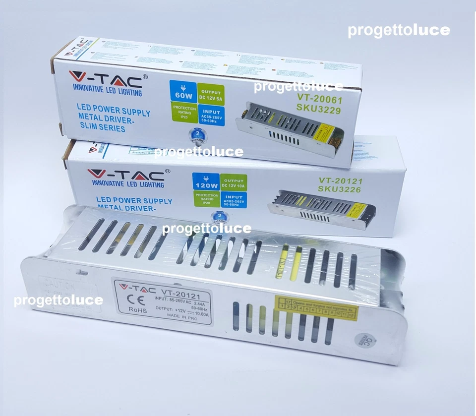 V-TAC TRASFORMATORE ALIMENTATORE STABILIZZATO SLIM  220V-12V  5A 10A 12,5A IP20  - Immagine 1 di 1